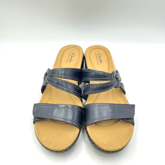 Clarks Size 11 Merliah Coral Navy Blue Leather Low Wedge Slip On Sandals Shoes - Picture 2 of 15